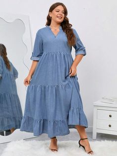 Plus Size Denim Dress, Denim Dresses Online, Vietnam Clothes, Notched Neckline, Plus Size Denim, Jumpsuit Elegant, Denim Dresses, Layer Dress, Favorite Dress