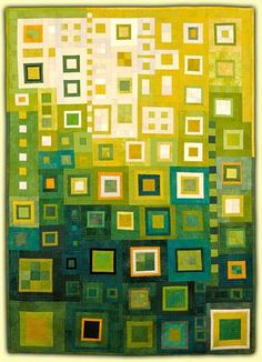 an abstract painting with squares and rectangles in green, yellow and white colors