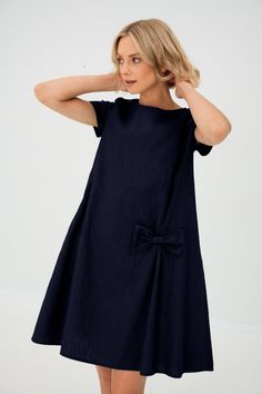 Linen Dress, Pocket Dress, Summer Midi Dress When You dress LeMuse You feel beautiful and cozy. LeMuse hides all imperfections and makes You perfect. DETAILS: - Color: deep blue. - Fabric: 87% linen, 13% cotton. - Handmade in our studio. - Fits for any body size women. - Custom orders available on request. Custom orders are not refundable. Time to produce - approximately 2 weeks. COLOR OPTIONS: - You can choose available colors in the drop down menu above. - Colors might vary depending on comput Chic Short Sleeve Linen Dress, Linen A-line Shift Dress, Linen Shift A-line Dress, Shift A-line Linen Dress, Linen Shift Dress With A-line Shape, Chic Linen Shift Dress, Dress Minimalist, Minimalist Summer, Dress Bow