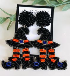 Black Orange and Purple Seed Bead Witch Earrings   Choose from Black or Purple Bead Post  These are large Statement Earrings Approx 2.5"  long  Lightweight  Arrives in Gift Box  Fast shipping Black Bead Earrings, Large Statement Earrings, Witch Earrings, Earrings Halloween, Costume Earrings, Earrings Purple, Halloween Earrings, Bead Earrings, Purple Black