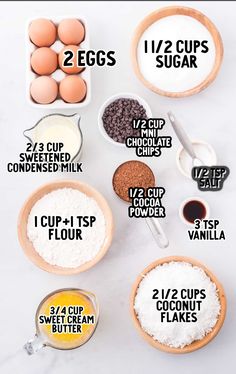 the ingredients to make chocolate chip cookies are shown in bowls, including eggs and flour