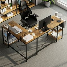 an office desk with a chair and computer on it in front of a large window