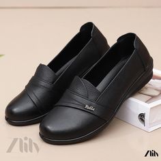 Zlily - Round-toe leather shoes with flat sole and comfortable footbed Genuine Leather Shoes, Heeled Loafers, Classic Leather, Suede Heels, Olivia Mark, Low Heels, Leather Shoes, Calf Leather, Heel Height