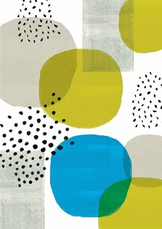 an abstract painting with circles and dots on white paper, in shades of blue, green, yellow and grey