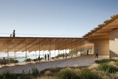 an architectural rendering of a building with people standing on the roof and looking out at the water