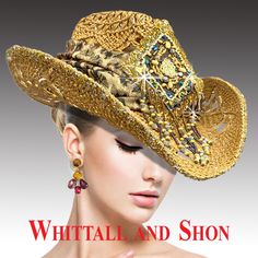 Adorning this open weave cowboy hat is a luxurious draped sparkle leopard hatband at the center of which sits a hand-beaded motif inspired by tribal artisans. This central piece features intricate beadwork, showcasing traditional patterns and designs that reflect the rich heritage of tribal craftsmanship. The wired 3″ brim allows the one to fashion the brim to ones liking. Western Gold Hat Band For Rodeo, Gold Western Hat Band For Western-themed Events, Gold Western-style Hat Band For Western-themed Events, Western Gold Hat Bands For Party, Western Style Gold Hat Bands For Parties, Gold Western Hat For Country Events, Gold Country Style Hat For Rodeo, Country-style Gold Hat For Rodeo, Gold Country Style Hat Bands For Country Events