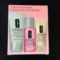 Clinique 3-Step Skin Care System For Oily Skin Type New-Never Used 1.0 Oz Liquid Facial Soap Oily Skin Formula 1.0 Oz Clarifying Lotion Twice A Day Exfoliatior 3 Lotion .5 Oz Dramatically Different Moisturizing Gel Clinique Skincare Routine, Clinique Skincare, Normal Skin Type, Great Skin, Facial Soap, Skin Care System, Face Lotion, Gel Moisturizer, Moisturizing Lotions