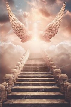 stairs leading to heaven with angel wings in the sky