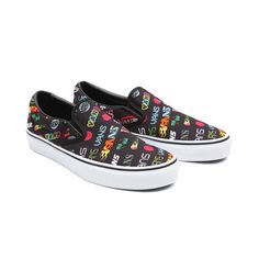 Brand New, Never Been Worn! Includes Original Tags And Box “Disruptive” Slip-On Vans In Black With True White Sole. The Design Is Really Colorful, Fun “Vans” Logos And Graphics. These Are So Sick And Unique! Women’s Size 8 Men’s Size 6.5 #Reposhing But No Defects! I Am Moving In 3 Months (No Gimmicks) And Am Starting The Process Of Downsizing My Closet. Tags Only: Rainbow Barcode Off The Wall Smiley Face Smile Multicolor Trippy Cherries Flames Palm Trees Yin Yang Star Wars Nerdy Trendy Trending Black Skate Shoes With Graphic Print And Round Toe, Black Skate Shoes With Graphic Print, Black Slip-on Skate Shoes For Spring, Spring Black Sneakers With Graphic Print, Black Vans Sneakers For Summer, Vans Old Skool Gray, Black Vans Shoes, Vans Classic Old Skool, Vans Shoes Women