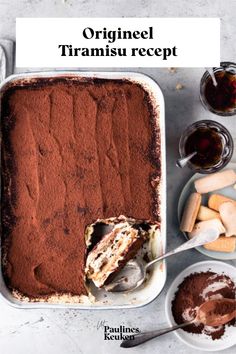 an overhead view of a chocolate dessert in a pan with the words, original tramsu recipe