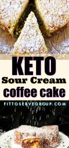 keto sour cream coffee cake with powdered sugar on top