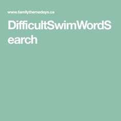 the words difficult swimwords search are in white letters on a green background with an image of