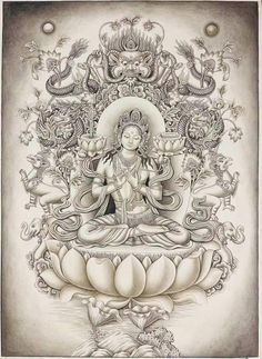 a drawing of a buddha sitting on top of a fountain with other animals around it