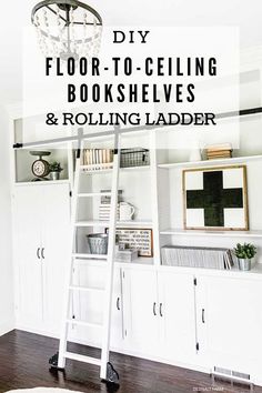 a room with white bookshelves and a ladder in the middle that says diy floor - to - ceiling bookshelves & rolling ladder