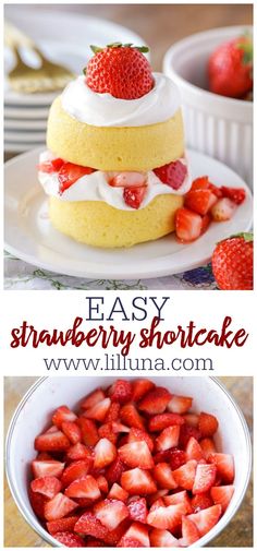 strawberry shortcakes with whipped cream and strawberries in the middle are on plates