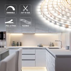 a kitchen with white cabinets and lights on the wall above it is an advertisement for led strip lighting