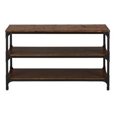 an industrial style coffee table with two shelves on each side and one shelf below it