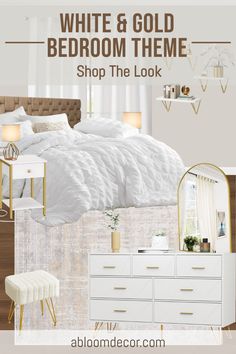 white and gold bedroom theme, a shoppable mood board featuring white and gold bedroom furniture, white bedding, and a white and gold area rug. Gold Accented Bedroom, Modern White And Gold Bedroom, Gold Teen Bedroom, White And Gold Bedroom Ideas, White Room Design, Gold Bedroom Decor Ideas, Gold And White Bedroom, White Linen Texture, White And Gold Nightstand