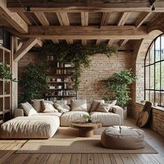 a living room filled with lots of furniture and plants on top of the windowsill