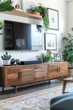 a flat screen tv sitting on top of a wooden entertainment center next to a plant