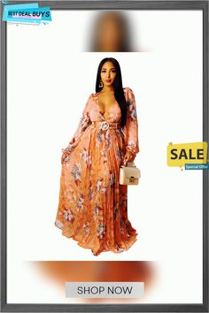 Women's Mid Waist Autumn Pleated Craft Sexy Large V-neck Printed Dress Floral Print V-neck Maxi Dress For Night Out, V-neck Floral Print Maxi Dress For Night Out, Orange V-neck Maxi Dress For Night Out, Flirty V-neck Maxi Dress, Printed Dress, Print Dress, V Neck