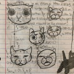 some drawings on lined paper with cats and dogs drawn in different ways, including the cat's head