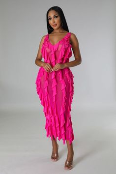 Women's Sexy Ruffles Stretch Midi Dress Sleeveless Ruffled Dress With Spaghetti Straps For Beach Season, V-neck Ruffled Dresses For Beach Season, Date Night Stretch Dress With Ruffled Straps, Stretch Dress With Ruffled Straps For Date Night, Stretch Backless Dress With Ruffles, Stretch V-neck Dress With Ruffles, Beach Season Dress With Ruffled Straps And Details, Beach Season Dresses With Ruffles And Ruffled Straps, Beach Season Dress With Ruffles And Ruffled Straps