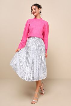 Add a little something extra to your look with the Lulus Glamorous Occasion Silver Sequin Pleated Midi Skirt! Shiny silver sequins playfully glimmer across the pleated, woven fabric of this statement-making midi skirt with a banded, high-rise waist. Hidden back zipper/clasp. For a holiday-ready look, pair this pretty piece with a snuggly knit sweater and party-starting pumps! Fit: This garment fits true to size. Length: Mid-calf length. Size medium measures 31.5" from waist to hem. Waist: Fitted Silver Sequin Midi Skirt Outfit, Silver Midi Skirt Outfit, Silver Skirt Outfit, Barbie Litdh, Girls Weakness, Metallic Skirt Outfit, Silver Midi Skirt, Sequin Skirt Outfit, Silver Sequin Skirt