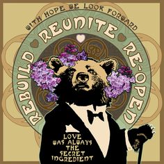 a bear in a tuxedo with flowers on his head and the words, don't be afraid about the secret ingredient