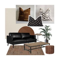 a living room with black leather furniture and pillows on the wall, rugs in front of