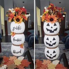 two pictures of pumpkins decorated with flowers and leaves on top of eachother