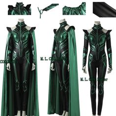 the costume is designed to look like an alien woman with green armor and capes