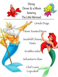 the little mermaid and other disney characters are featured in this poster, which features their names