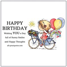 a happy birthday card with a girl riding a bike and balloons on the back of it