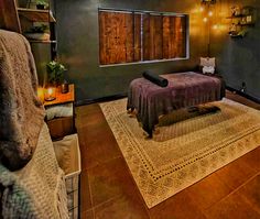 Massage Room Necessities, Maximalist Esthetician Room, Witchy Massage Room, Earthy Massage Room, Moody Massage Room, Dark Spa Room, Boho Spa Room Decor, Moody Spa Room, Massage Suite