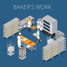 people working in the bakery and baking breads on conveyor belt, flat 3d illustration