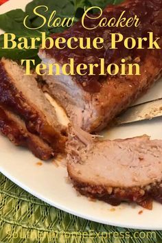 there is a plate with meat on it and the words slow cooker barbecue pork tenderion