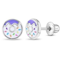 This beautiful pair of donut earrings are a timeless and elegant addition to your young girl's fun and fashionable jewelry collection. Crafted in 925 sterling silver which is suitable for those with sensitive ears, they are secured with safety and secured screw backs for children. These donut earrings feature bright and colorful enamel colors for a more fashionable look. Buy a pair for someone special in your life and this pair of earrings will be cherished for a long time. A complimentary gift Teen Necklaces, Teen Earrings, Earrings For Kids, Donut Earrings, Donuts Earrings, Sprinkle Donut, Teen Jewelry, Post Metal, Baby Earrings