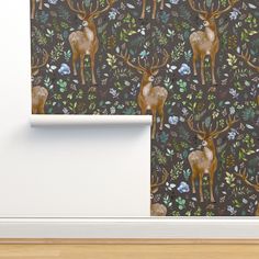 a wallpaper with deer and flowers on it