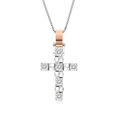 A beautiful symbol of your faith, this shimmering white and rose gold cross pendant is a look you'll wear with everything. Crafted in 18K gold, this timeless choice showcases dazzling diamonds lining a simple cross shape.  A fashionable look she'll adore and wear daily as well as on special occasions. The perfect gift for an anniversary.
2.98 carat Round cut diamonds Cross
color: D-Fclarity: VS-SI
18k white and rose gold

We offer a Free virtual Consultation from the comfort of yo White Crucifix Cross Necklace With Brilliant Cut, White Brilliant Cut Cross Pendant Necklace, Virtual Consultation, Zipper Bracelet, Cross Shape, Simple Cross, Beautiful Symbols, White Gold Chain, Gold Cross Pendant