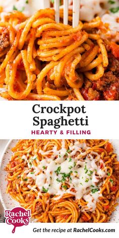 the cover of crockpot spaghetti hearty and filling