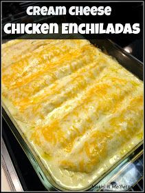 an enchiladas recipe is shown on the cover of this cookbook, which shows how to make cream cheese chicken enchillas