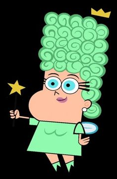 a cartoon character with green hair holding a wand