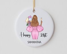 Personalized 21st birthday gift for her, 21st Birthday Gift, 21 Years Old Celebration, Twenty One Birthday, Gift for her, Gift for Daughter, Gift for Best Friend. About the product: *2.76'' round white ceramic ornament made with high-end porcelain that is 0.12" thick *Gold-toned string included *One-sided print How to order: 1. Please select quantity 2. Please add personalization: a) Please add name. Please double check the spelling. b) Please select Skin tone & Dress color c) Please select Hair 21st Birthday Favors Turning 21, 21 Days To 21st Birthday Gifts, 21st Birthday Gifts For Girls Turning 21, Skin Tone Dress Color, 21st Necklace Sign, 21 Birthday Necklace Sign, Twenty One Birthday, Gift 21