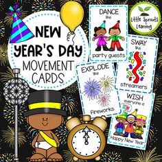 new year's day movement cards with fireworks, balloons, and an alarm clock