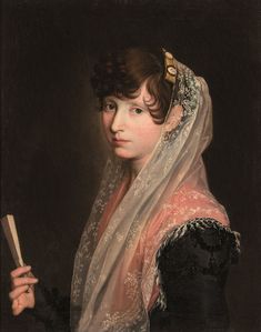 a painting of a woman with a veil on her head and holding a brush in her hand