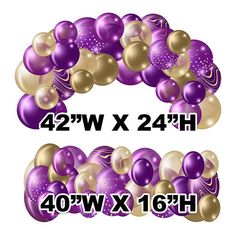 purple, gold and white balloons are arranged in the shape of an o for each letter