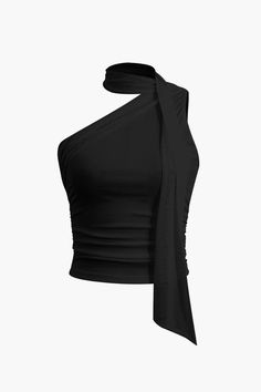 Details Occasion Casual Category Tops Composition 95% Polyester, 5% Elastane Sheer Not Sheer Size & Fit Measured in size S Length:19.3" Bust:29.9" Fit:Fitted Stretch:Mid Stretch One Off Shoulder Top, Top Black Outfit, Top With Scarf, Black Top Outfit, One Shoulder Tank Top, One Shoulder Tank, Jeans Outfit Summer, Outfit Png, Crop Top Dress