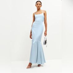 Satin Dress From Reformation. Mineral Is The Color- Very Light Blue. Great Length If You’re Tall. New With Tags. Blue Bridesmaid Dress, Trumpet Skirt, Reformation Dress, Satin Bridesmaid Dresses, Blue Bridesmaid Dresses, Blue Bridesmaids, Reformation Dresses, Satin Dress, Blue Wedding