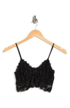 Delicate lace plays up the romantic charm on this soft cup bralette styled with dainty spaghetti straps. 90% nylon, 10% spandex
 Machine wash cold, lay flat to dry
 Imported Party Lace Camisole Bra Friendly, Black Lace Closure Camisole With Spaghetti Straps, Black Spaghetti Strap Camisole With Lace Closure, Lace Bra-friendly Camisole For Night Out, Lace Camisole For Night Out, Bra-friendly, Black Camisole With Lace Closure And Spaghetti Straps, Black Lace Bra-friendly Camisole, Black Lace Bra With Adjustable Straps, Lace Cami Bra With Delicate Straps